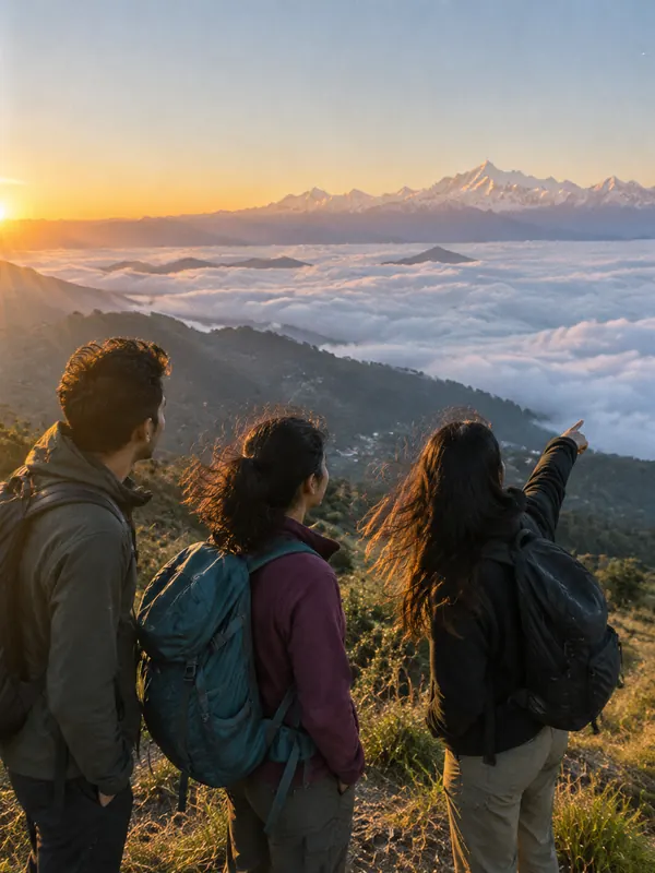 Three friends on a ridge at sunrise above a sea of clouds, snow peaks far away.