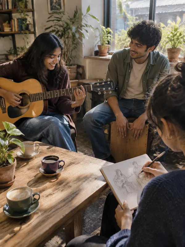 A guitar and cajon jam in a sunlit cafe while a friend sketches them.