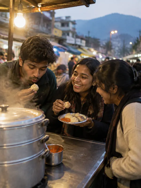 Three friends laughing over hot momos at a steaming street stall in the evening.