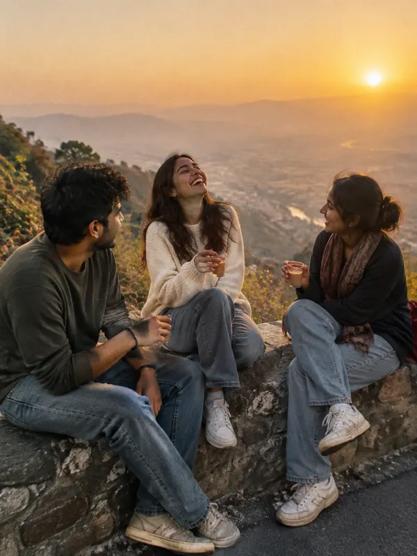 Three friends with glasses of chai on a stone wall above the valley at golden hour.