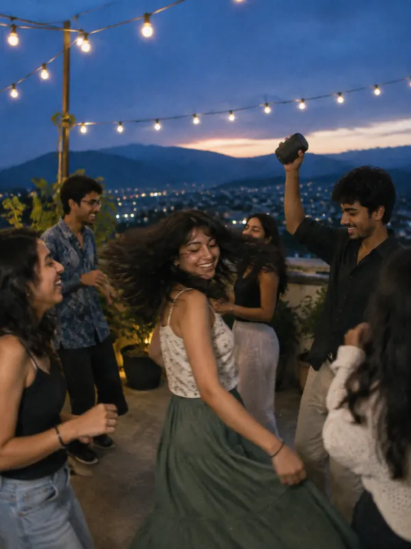 Friends dancing on a rooftop terrace under string lights at dusk, city lights below.