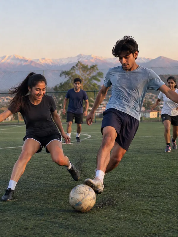 Friends playing five-a-side football on a turf pitch at sunset, hills behind.
