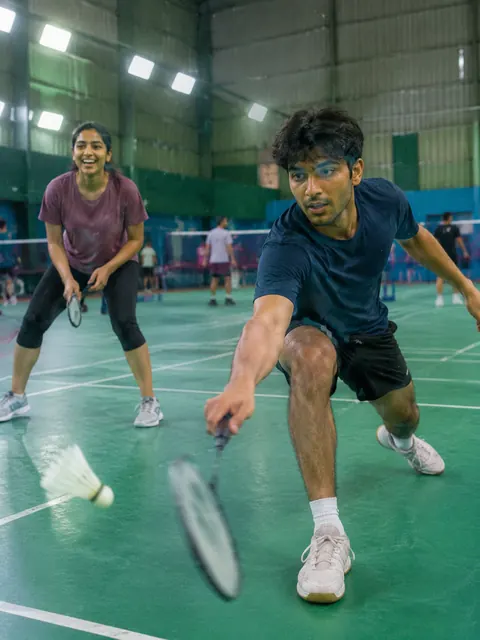 A man lunging for a low shuttle in an indoor badminton hall while his partner laughs.