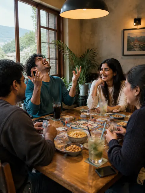 Four friends laughing over a board game at a cafe table.