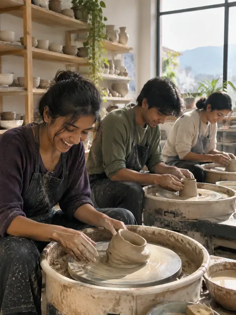 Three friends at pottery wheels, one laughing at her lopsided pot.