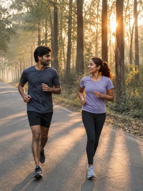 Two runners chatting on an empty forest road at sunrise.